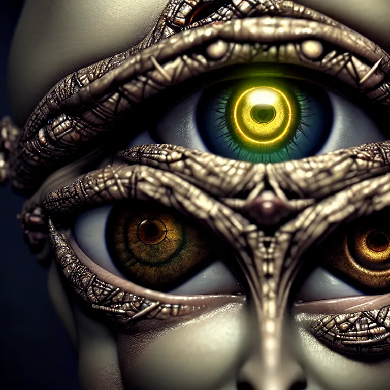 Image similar to ultra realistic beautiful cyborg deity eyes closed, fantasy, intricate details, movie still, highly detailed, photorealistic, octane render, eerie, 8k, art by raphael and michael welan