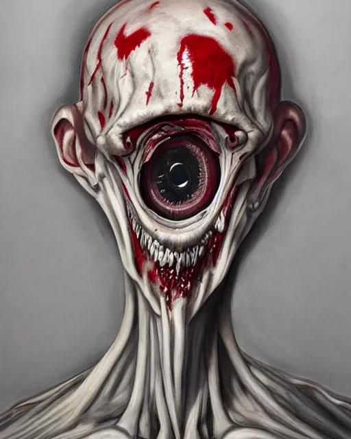 Image similar to Haunting horrifying hyperrealistic detailed painting of a tall slim surreal extraterrestrial creature made of bone texture, gelatinous goo oozing from mouth, heavy metal, and bloodshot eyeballs, hyper detailed, trending on Artstation