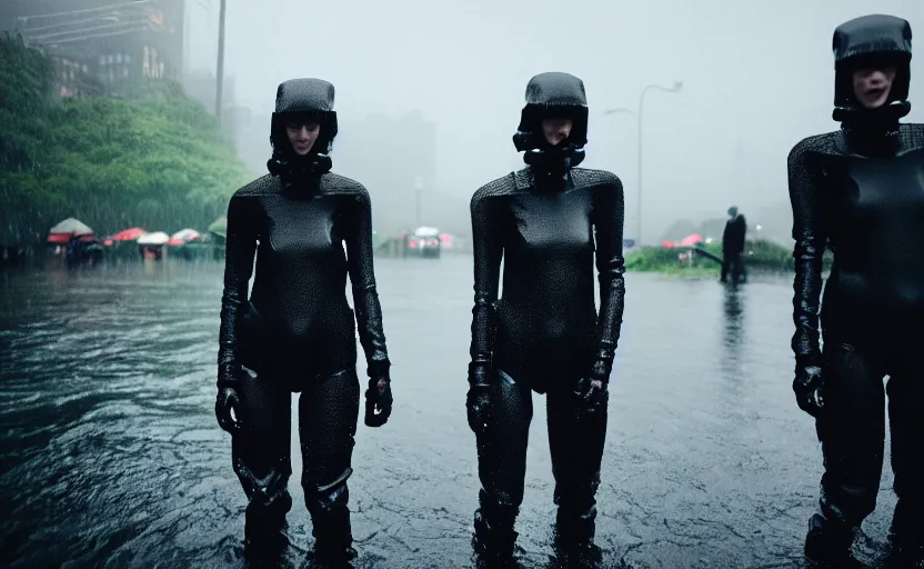 Image similar to cinestill 5 0 d candid photographic portrait by helen levitt of two loving skandinavian female androids wearing rugged black mesh techwear in treacherous waters, extreme closeup, modern cyberpunk moody depressing cinematic, pouring rain, 8 k, hd, high resolution, 3 5 mm, f / 3 2, ultra realistic faces, ex machina