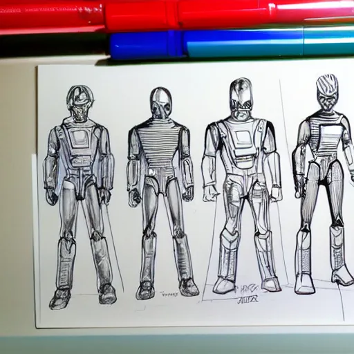 Prompt: industrial design sketch of an 1 9 8 0's kenner action figure. copic marker sketch. hand drawn.