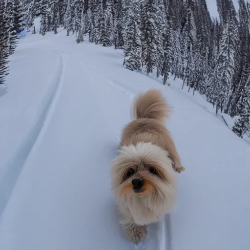 Image similar to a cream-colored havanese dog backcountry alpine skiing , gopro photo, 4k