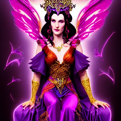Prompt: Half Fey Princess sorceress with red flaming wings on her back and sitting on an ornate throne dressed in a fancy purple dress, Fantasy, Full Portrait, Planeswalker, Magic The Gathering, High detail, realistic, Liliana Vess