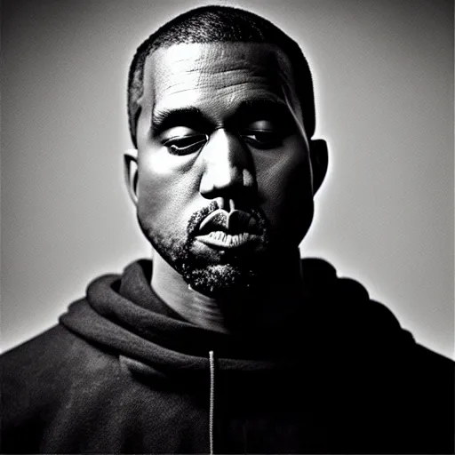 Image similar to a ( ( ( ( ( ( ( ( ( chiaroscuro lighting portrait ) ) ) ) ) ) ) ) ) ) of kanye west ( ( ( ( ( ( ( ( ( dressed as rick owens ) ) ) ) ) ) ) ) ), black background, portrait by julia margaret cameron, shallow depth of field, 8 0 mm, f 1. 8