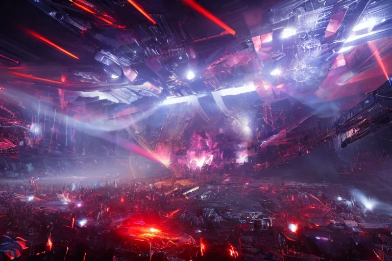 Image similar to a futuristic epic rock concert with flames and laser, huge clouds of smoke and bright beams of light, the crowd are screaming in ecstasy, hypermaximalistic, high details, cinematic, 8k resolution, beautiful detailed, insanely intricate details, artstation trending, octane render, unreal engine