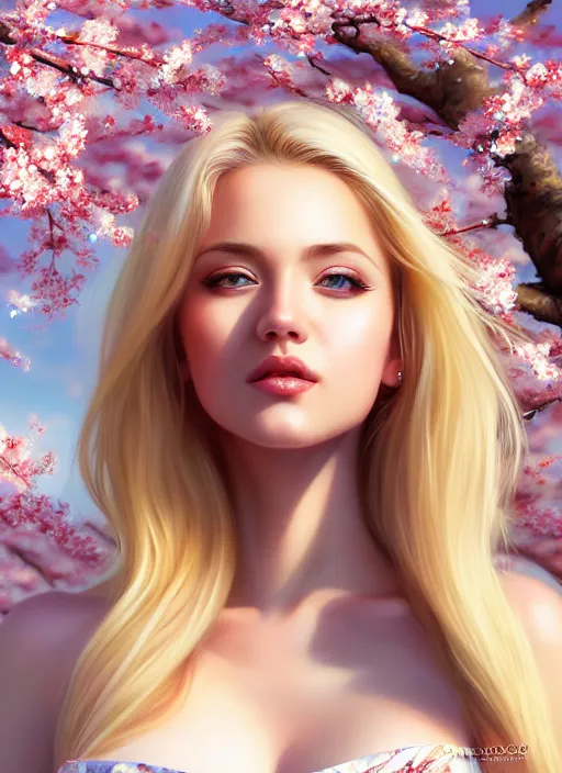 Image similar to photo of a gorgeous blonde female in the style of stefan kostic, realistic, half body shot, sharp focus, 8 k high definition, insanely detailed, intricate, elegant, art by stanley lau and artgerm, extreme blur cherry blossoms background