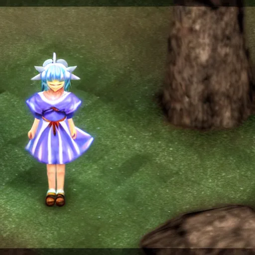 Prompt: cirno from touhou project in morrowind, game screenshot, retro 3 d, pc game, elder scrolls, morrowind, mushrooms