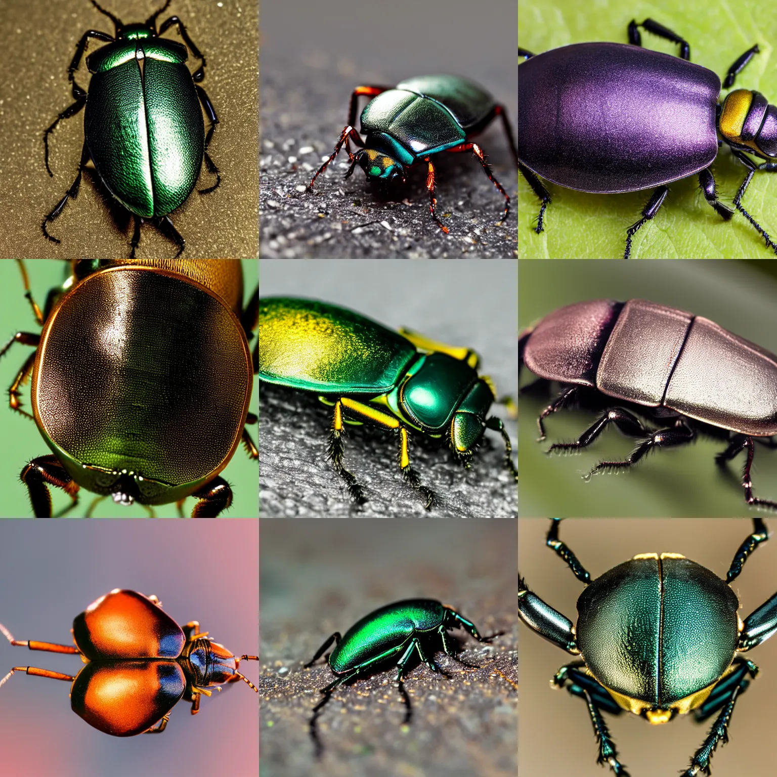 Prompt: a macro photograph of a metallic colored beetle
