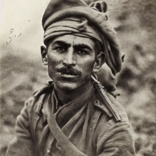 Image similar to Kurdish soldier, ww1 trench, war photo, film grain, award winning photo