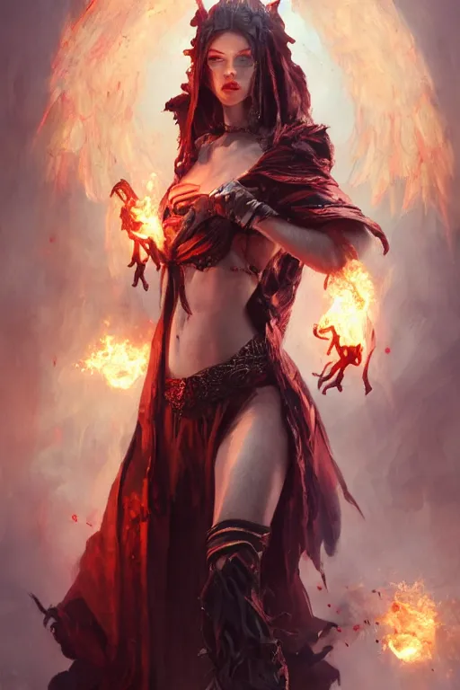 Image similar to beautiful girl necromancer, witch - doctor covered in blood, angels, 3 d render, hyper - realistic detailed portrait, holding fire and electricity, ruan jia, wlop. scifi, fantasy, magic the gathering, hyper detailed, octane render, concept art, peter mohrbacher