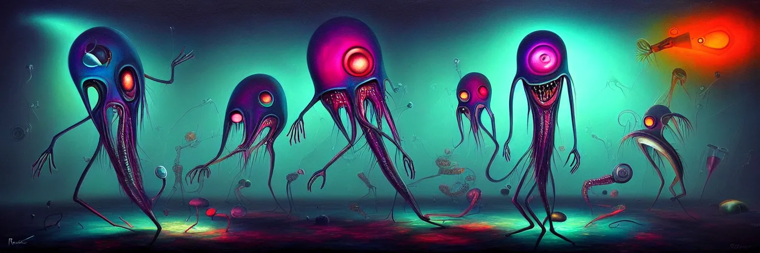 Image similar to strange alien plankton creatures from the depths of the collective unconscious, dramatic lighting, surreal darkly colorful painting by ronny khalil