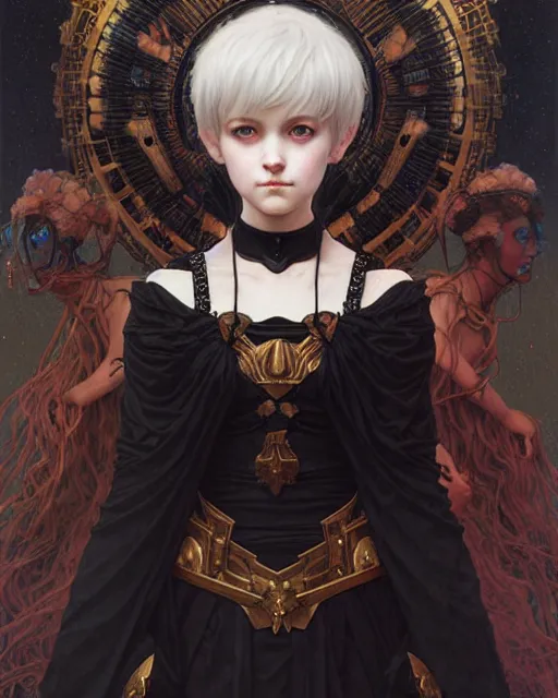 Image similar to portrait of beautiful cute young goth maiden girl with short white hairs in warhammer armor, art by ( ( ( kuvshinov ilya ) ) ) and wayne barlowe and gustav klimt and artgerm and wlop and william - adolphe bouguereau