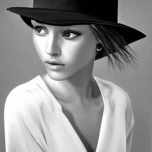 Image similar to black and white centered close-up of fashion model girl in wide white hat, hyperrealism oil painting