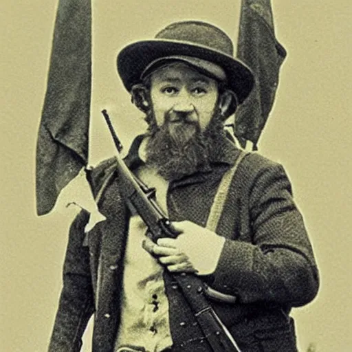 Prompt: leprechaun in the ira, historical photograph, restored, gun, irish, terrorism