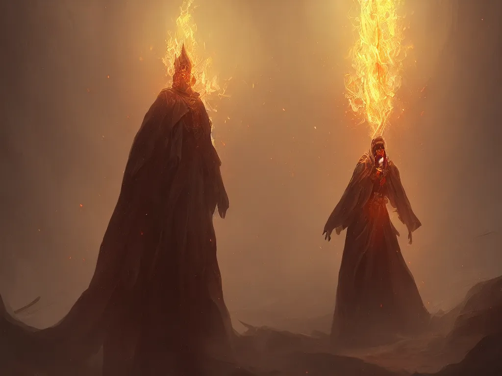 Prompt: a man in white cloak flies from flame , symmetry, intricate, highly detailed, artstation trending, ray tracing, cinematic, art by andrey surnov, concept art,