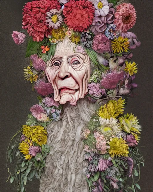 Image similar to a portrait of a fleshy old woman covered in flowers in the style of guiseppe arcimboldo and james jean, covered in wispy gray hair with a hint of neon.