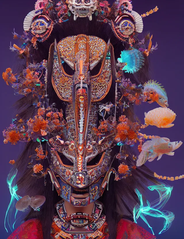 Image similar to 3 d goddess close - up profile portrait aztec with ram skull. beautiful intricately detailed japanese crow kitsune mask and clasical japanese kimono. betta fish, jellyfish phoenix, bio luminescent, plasma, ice, water, wind, creature, artwork by tooth wu and wlop and beeple and greg rutkowski