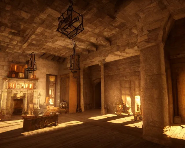 Image similar to the interior of a castle, rendered with ray tracing, volumetric lighting, smooth lighting, high detail shadows, moody lighting, candle lighting, high definition, large resolution