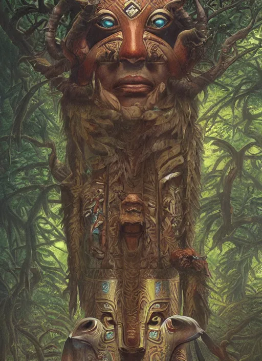 Image similar to a totem in the jungle, with faces of ancestors in the sky wearing tribal masks, hyper detailed, art by christophe vacher