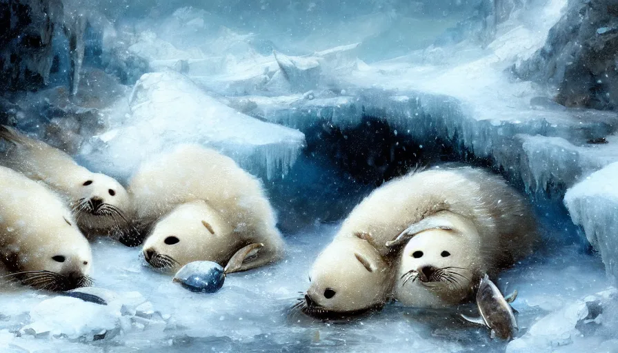 Prompt: highly detailed closeup painting of cute furry white baby seals eating fish inside a snowy fantasy ice crystal cavern by william turner, by greg rutkowski, by william constable, thick brush strokes and visible paint layers, 4 k resolution