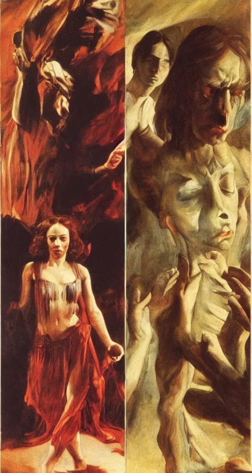 Image similar to a film still of 1 9 7 7 suspiria by dario argento by william turner, by theodore gericault, by caspar david friedrich, by frank frazetta oil painting, romantism, realism, limited palette