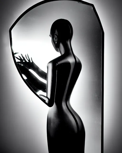 Image similar to black and white high quality photo of a female AI-queen-dragon-meshes-mannequin-cyborg looking into a sci-fi mirror, volumetric lighting, brutalism, foggy, dreamy, hyperdetailed, bokeh, photorealistic, cinematic, masterpiece, elegant, dark, by Man Ray in the style of Horst P. Horst, octane render, 8K,