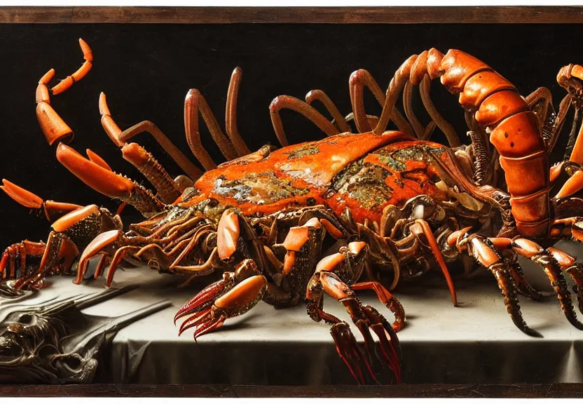 Prompt: an opulent banquet of food on a table made of slime, covered with colorful horned crabs and horned lobsters and iridescent scarabs. slime is dripping. giger ’ s xenomorph. the thing. reclaimed lumber, detailed and intricate environment, hyperrealism, food photography, rembrandt