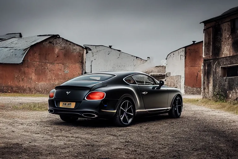 Image similar to modern rusty matte Bentley Continental GT without gloss no reflections drives along the road of an old Russian village with houses at the edges