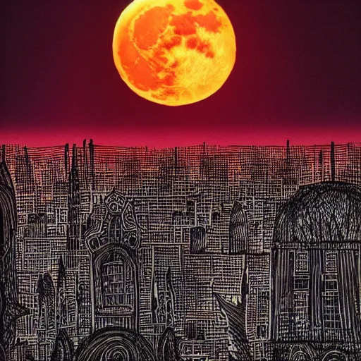 Image similar to full moon engulfed by tentacles over a gothic cityscape.