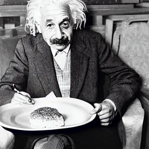 Image similar to albert einstein eating an impossible whopper from burger king
