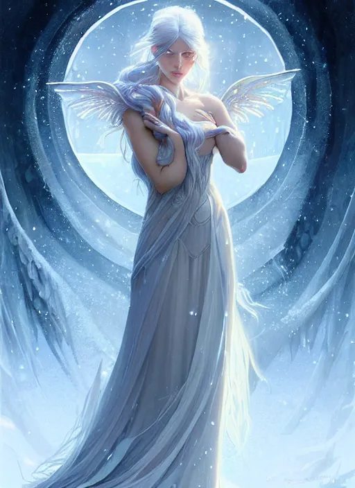 Image similar to a beautiful cinematic female winter goddess, cristal dress, ice wing, galatic shamen with quantum energy fantasy, fantasy magic, undercut hairstyle, dark light night, intricate, elegant, sharp focus, illustration, highly detailed, digital painting, concept art, matte, art by wlop and artgerm and greg rutkowski and alphonse mucha, masterpiece