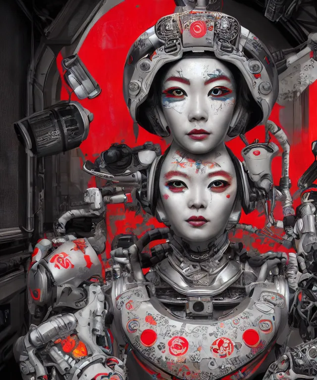 Prompt: an epic fantastic realism comic book style portrait painting of a japanese robotic geisha with kanji tattoos and decals, apex legends, octane render, intricate detail, 4 k hd, unreal engine 5, ex machina, irobot, gerald brom