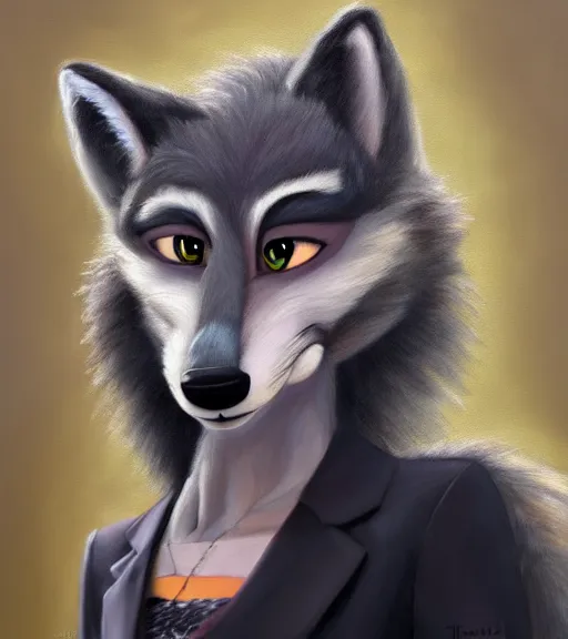 Prompt: oil painting of anthromorphic furry female wolf, in style of zootopia, female fursona, furry, furaffinity, 4 k, deviantart, furry art, fursona art, wearing black business suit, business suit, wolf fursona, expressive feminine face, female,