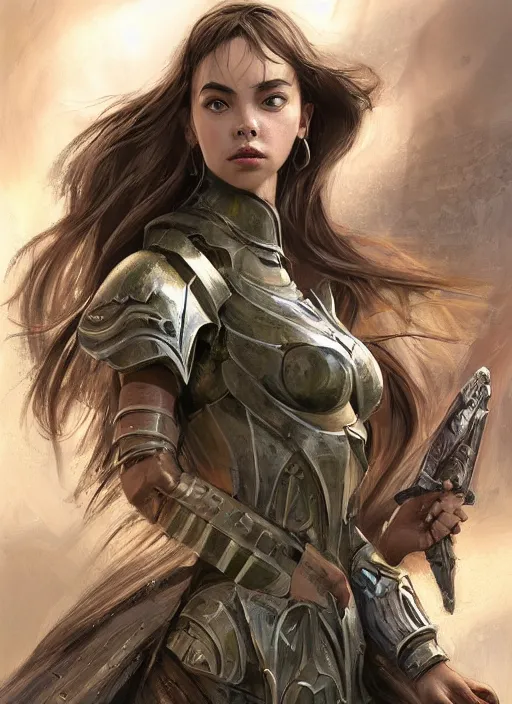 Image similar to a professional portrait of a beautiful young female, clothed in ethereal battle armor, olive skin, long dark hair, beautiful bone structure, symmetrical facial features, intricate, elegant, digital painting, concept art, smooth, sharp focus, finely detailed, illustration, from Valerian and the City of a Thousand Planets, in the style of Ruan Jia and Mandy Jurgens and Artgerm and Greg Rutkowski and William-Adolphe Bouguerea