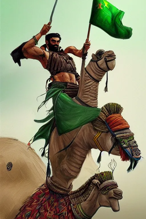 Image similar to arabian warrior, ride camel he use green turf and flag, realistic, sketch and art by jacqueline e, color by bo feng lin