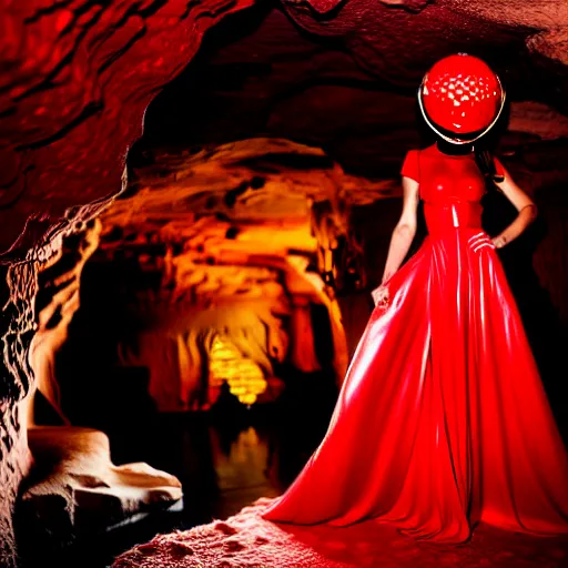 Image similar to female fashion model in year 3000 in a cave, model wearing a surreal Avant-garde helmet in red, dramatic lighting,photography , official Versace editorial , highly detailed