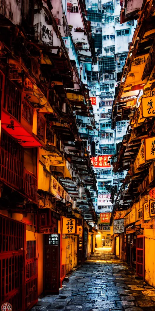 Image similar to an interior view of an old walled city in Hong Kong, colorful, dated and old, dark moody lighting, very detailed, photoreal, 8k, canon 20mm lens