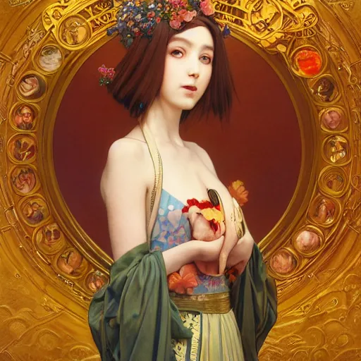 Image similar to Masterpiece portrait of Sakura Kinomot from Card Captro Sakura drawn by Donato Giancola and Tom Bagshaw, face by Artgerm and Edmund Leighton, Alphonse Mucha, background by James Jean and Gustav Klimt, 4k, posthuman, robotic body, porcelain skin, komorebi, french nouveau, trending on pixiv, octane render, hyperrealistic