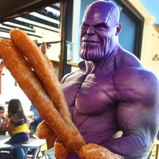 Prompt: thanos from mcu eating a churros at a bar in tharros ( sardinia )