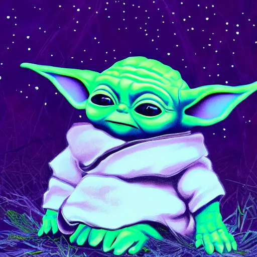 Prompt: baby yoda surrounded by blue luminous flowers, in forest, at night, warm lighting, digital art, trending on artstation, HDR