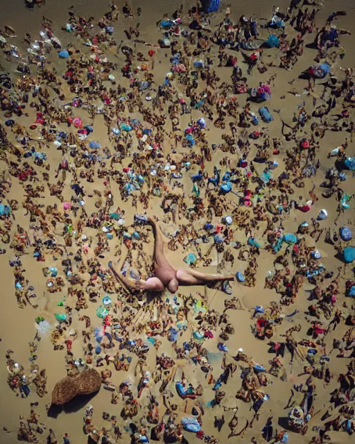 Prompt: drone photograph of the gigantic muscular body of gulliver, a young man from the early 1 7 th century, lies unconscious on a lilliputian beach, surrounded by thousands of tiny lilliputians wearing strange clothes. gulliver is dressed in early 1 7 th century male clothing designed in the style of sandy powell. hyperreal and cinematic, photorealistic, gulliver ’ s travels