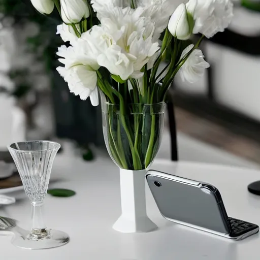 Image similar to luxurious white modern table with flower vase and iphone