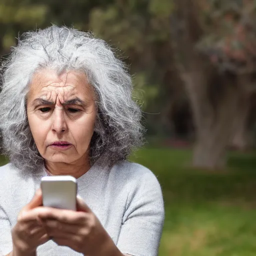 Image similar to astonished and angry middle aged lady looking at smartphone, wild hair, greek ethnicity, straight grey hair, angry eyes, photo, realistic, outdoor lighting, 4 k, 8 k, hd, 3 9 mm lens