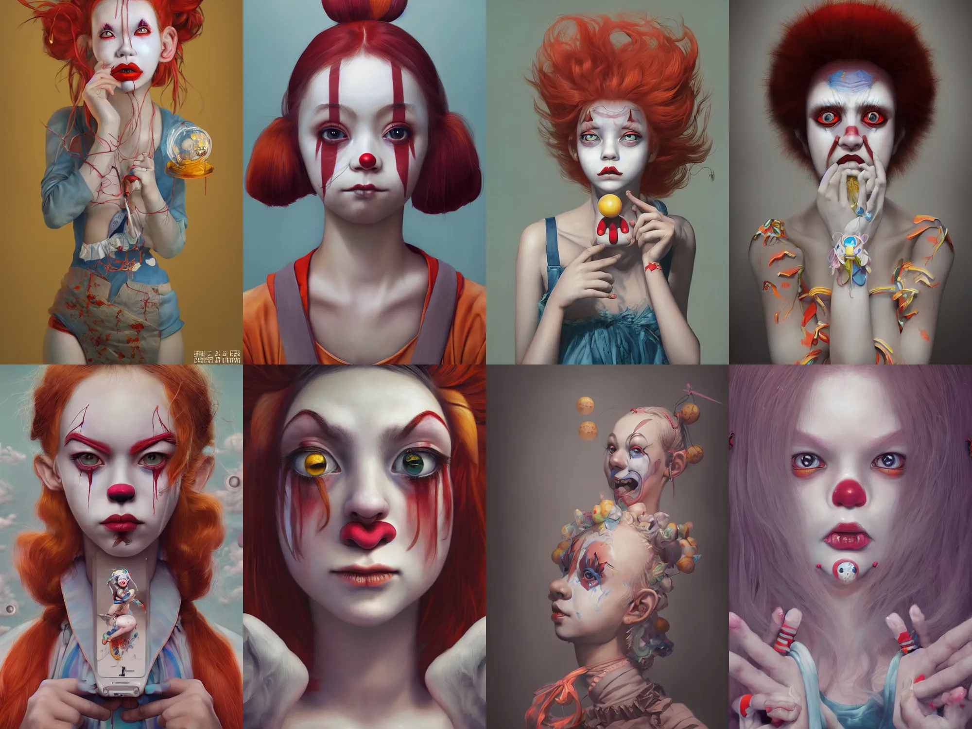 Image similar to breathtaking detailed painting of clown girl , with anxious, piercing eyes, Atari game cover art by Hsiao-Ron Cheng, James jean, Miho Hirano, Hayao Miyazaki, extremely moody lighting, hyperrealistic, octane render, RPG portrait, ambient light, dynamic lighting