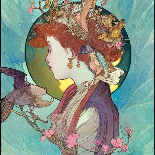 Image similar to a beautiful intricate watercolor illustration of a princess with birds 4 k, ultra - wide angle, by william turner, by victo ngai, by alphonse mucha, by moebius, by gustave dore, hd, trending on artstation, hyper detailed, muted intense colors