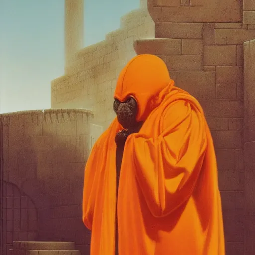 Image similar to anthropomorphic hippopotamus humanoid in orange robes by wayne barlowe, water temple, winter, fantasy