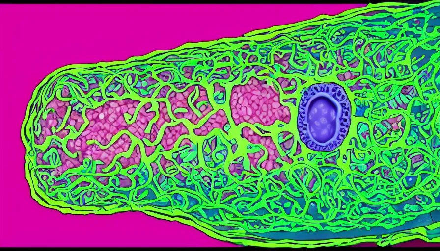 Image similar to human cell with mitochondria and all details with an overlay of black inklines