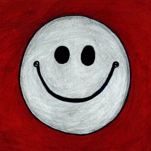 Image similar to primitive drawing of smiling circle face with thumb up hand and red eyes. Сhild drawing picture