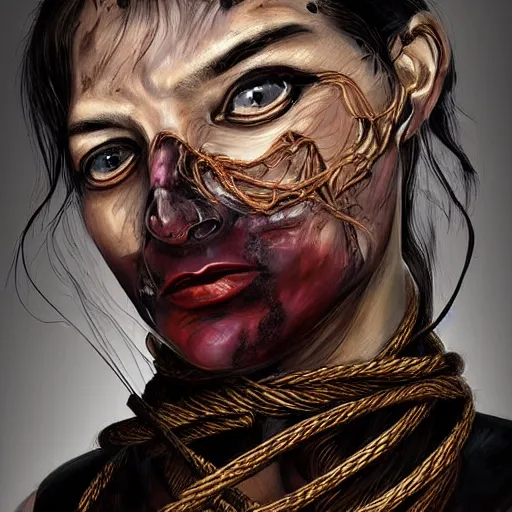 Image similar to portrait of a Shibari rope wrapped face and neck, headshot, insanely nice professional hair style, dramatic hair color, digital painting, of a old 15th century, old cyborg merchant, amber jewels, baroque, ornate clothing, scifi, realistic, hyperdetailed, chiaroscuro, concept art, art by Franz Hals and Jon Foster and Ayami Kojima and Amano and Karol Bak,