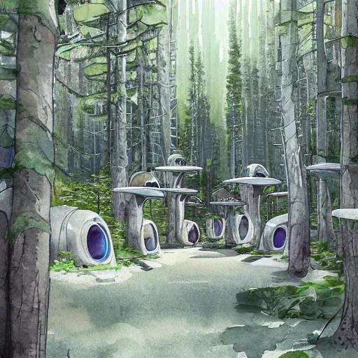 Image similar to beautiful happy picturesque charming organic futuristic sci - fi town of pod homes integrated in a forest area. water and trees. beautiful light. grainy and rough. soft colour scheme. beautiful artistic detailed watercolor by lurid. ( 2 0 2 2 )