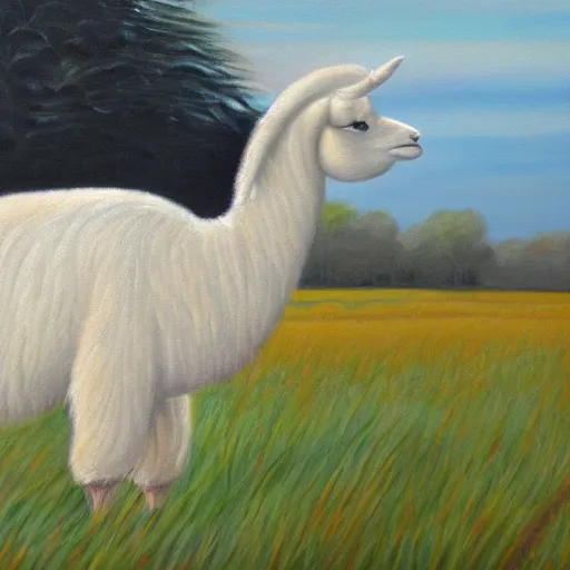 Image similar to oil painting by milla is of a white llama in a meadow at dawn